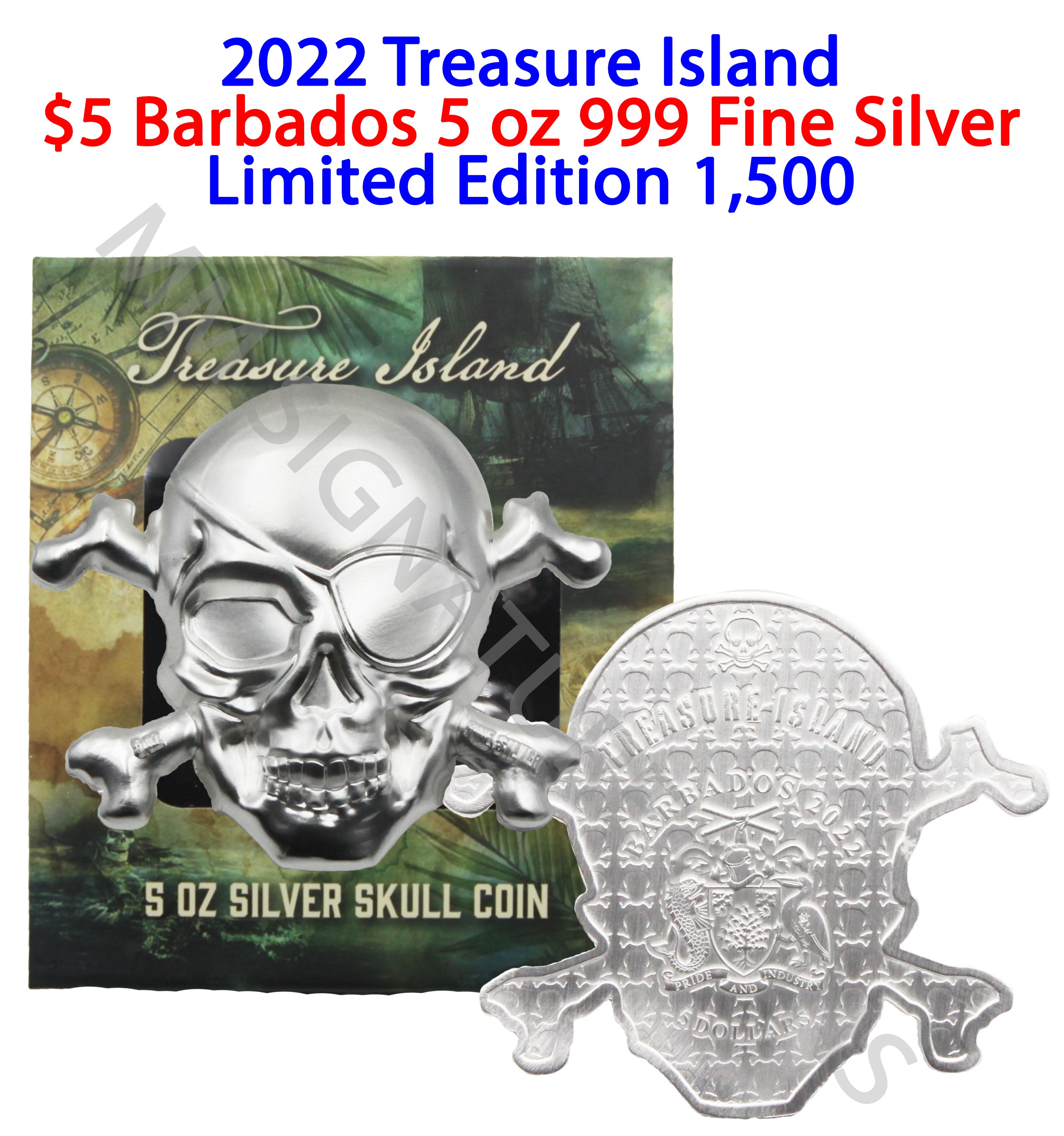 2022 Treasure Island Skull 5 oz Silver Coin from Barbados Mike Mezack