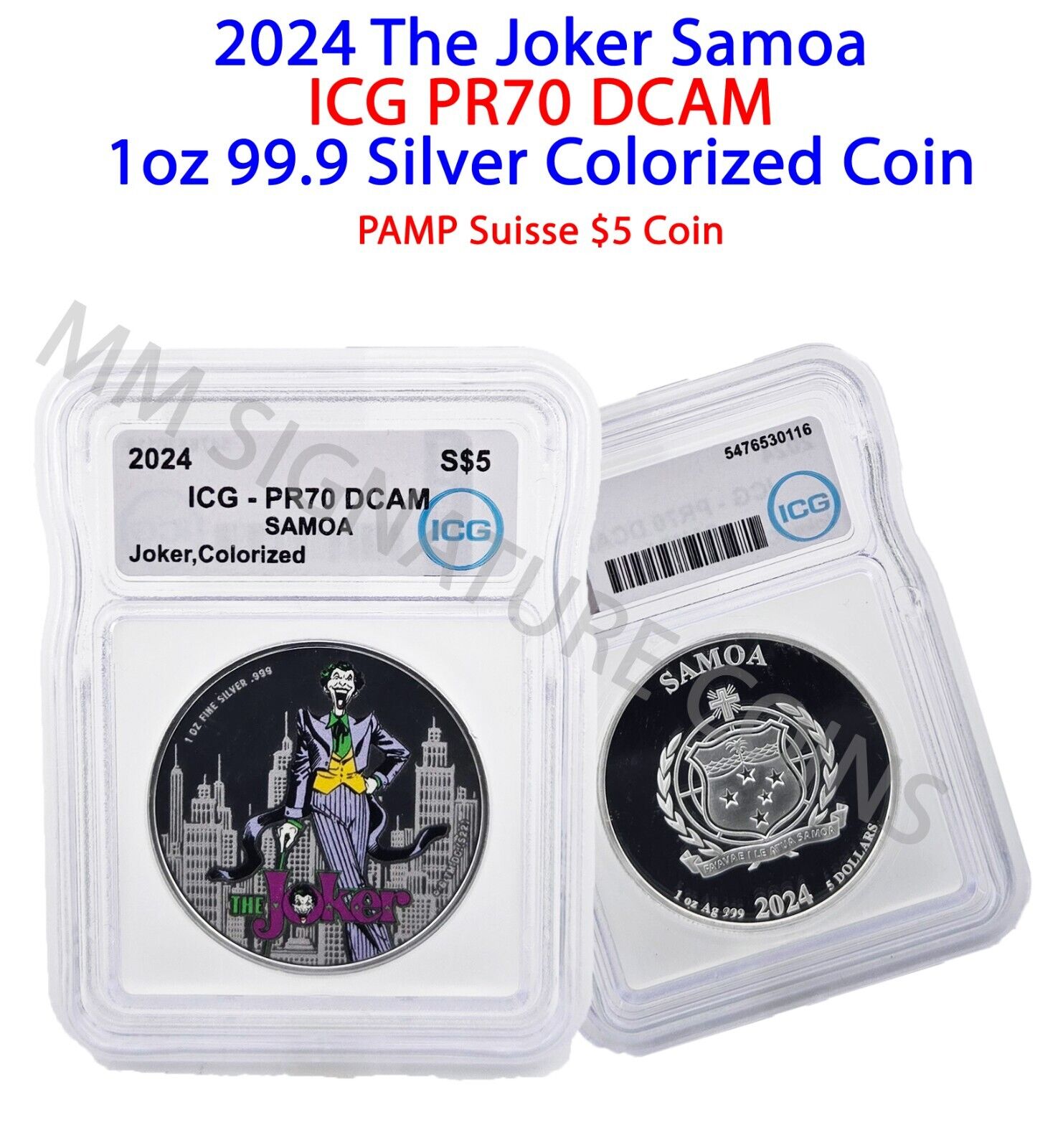 2024 The Joker DC Colorized 1oz Silver Coin Samoa 5 Perfect ICG PR70